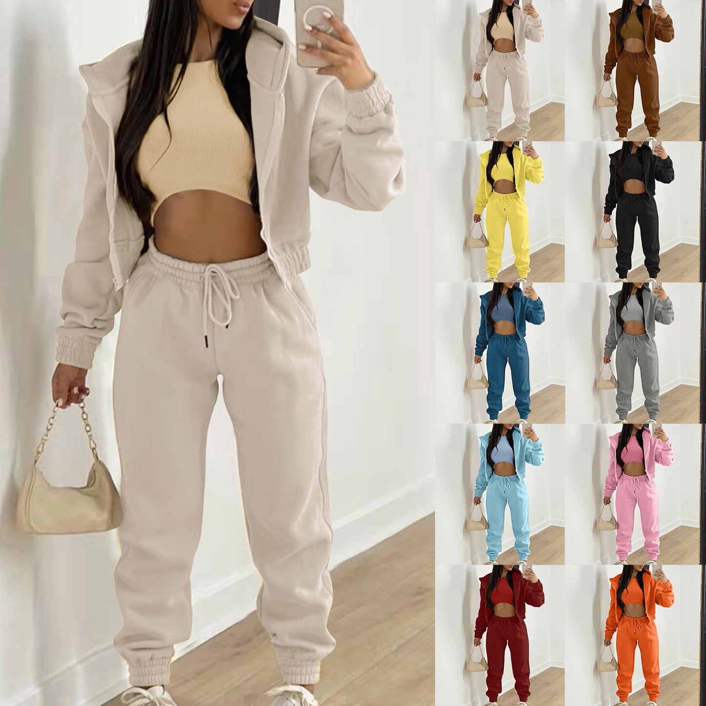 LENI~ 3-teiliges Set mit Crop-Top, Hoodie und Jogger – weich, bequem und stylisch